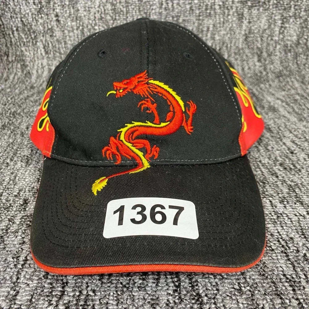 Dragon Flame Baseball Hat Mens OSFM‎ Black Red Embroidered Biker Y2K Streetwear